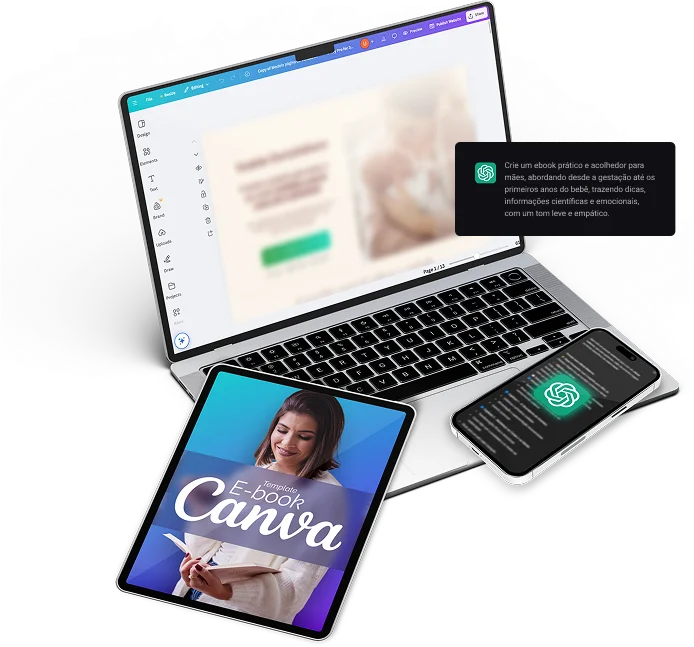 Prévias do template de e-book, página de vendas e script para ChatGPT em dispositivos